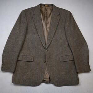 Vtg USA 44L Tan Brown Herringbone Wool Tweed Mens Blazer Suit Jacket Sport Coat